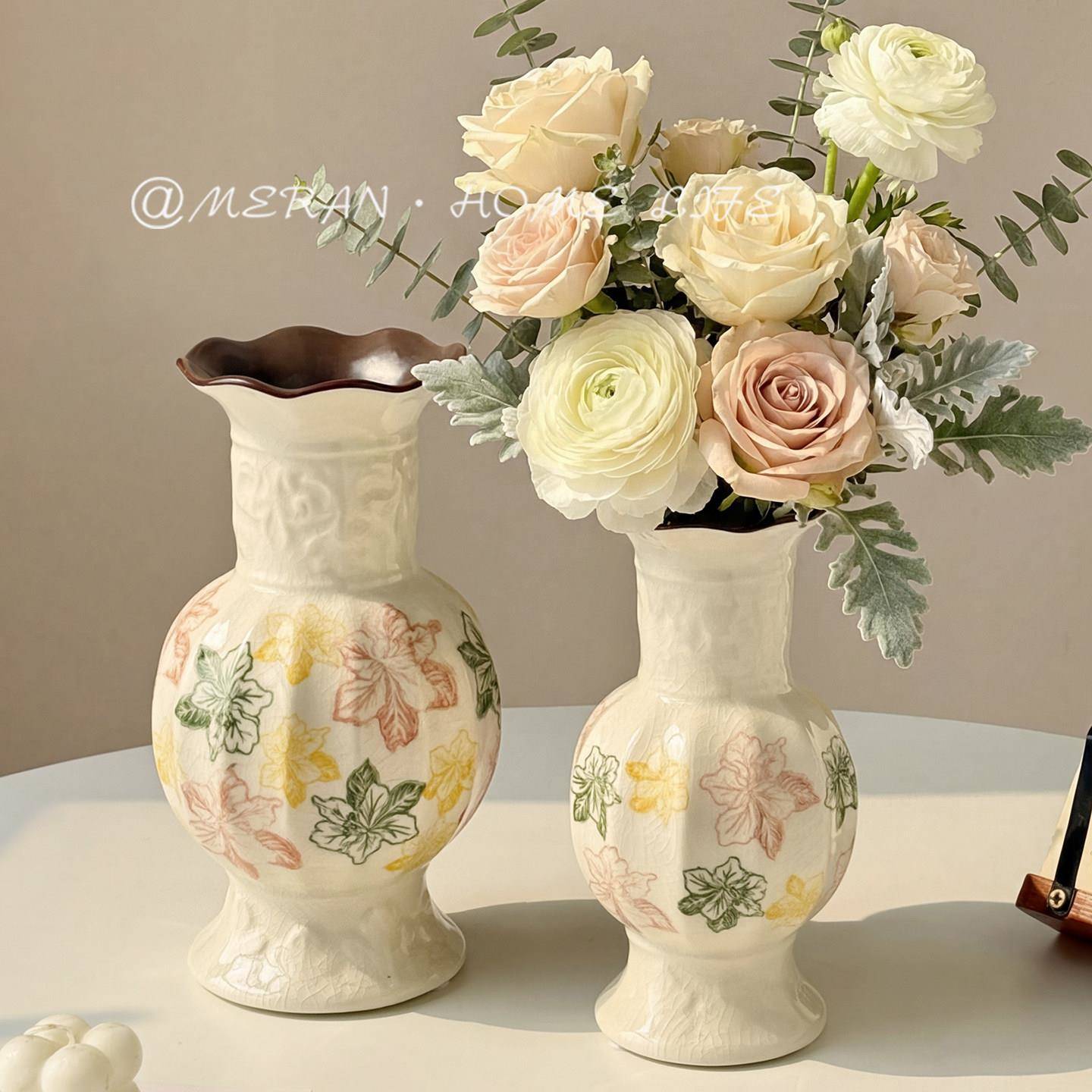 超好看新品田园风复古陶瓷花瓶客厅水培插花鲜花办公桌面装饰摆件