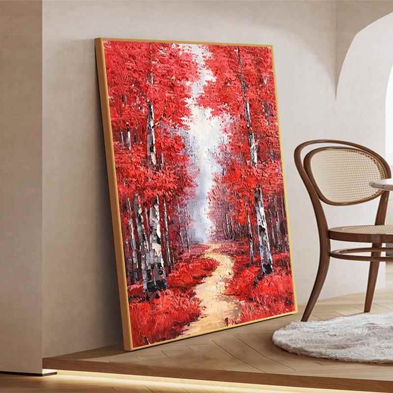 红色枫叶油画客厅树林风景装饰画丙烯肌理画入户壁画玄关挂画图片