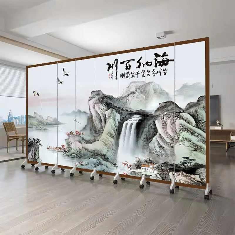 中式屏风隔断客厅卧室玄关移动折叠办公室山水花鸟装饰折屏