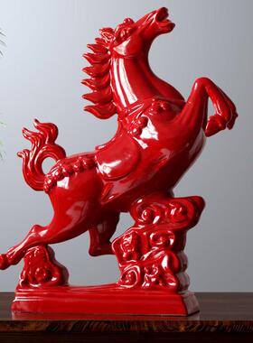陶瓷大红色马摆件飞黄腾达唐三彩红马生肖工艺礼品家居桌面摆件礼