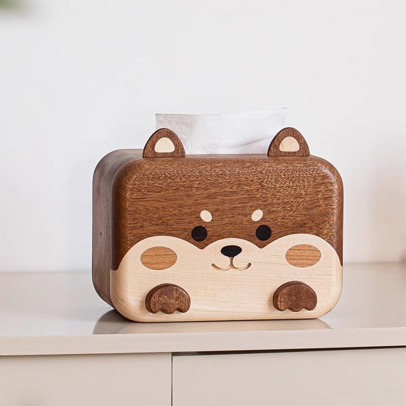 顽木柴犬纸巾盒乌檀木可爱客厅饭厅创意卫生纸盒家居桌面摆件礼品