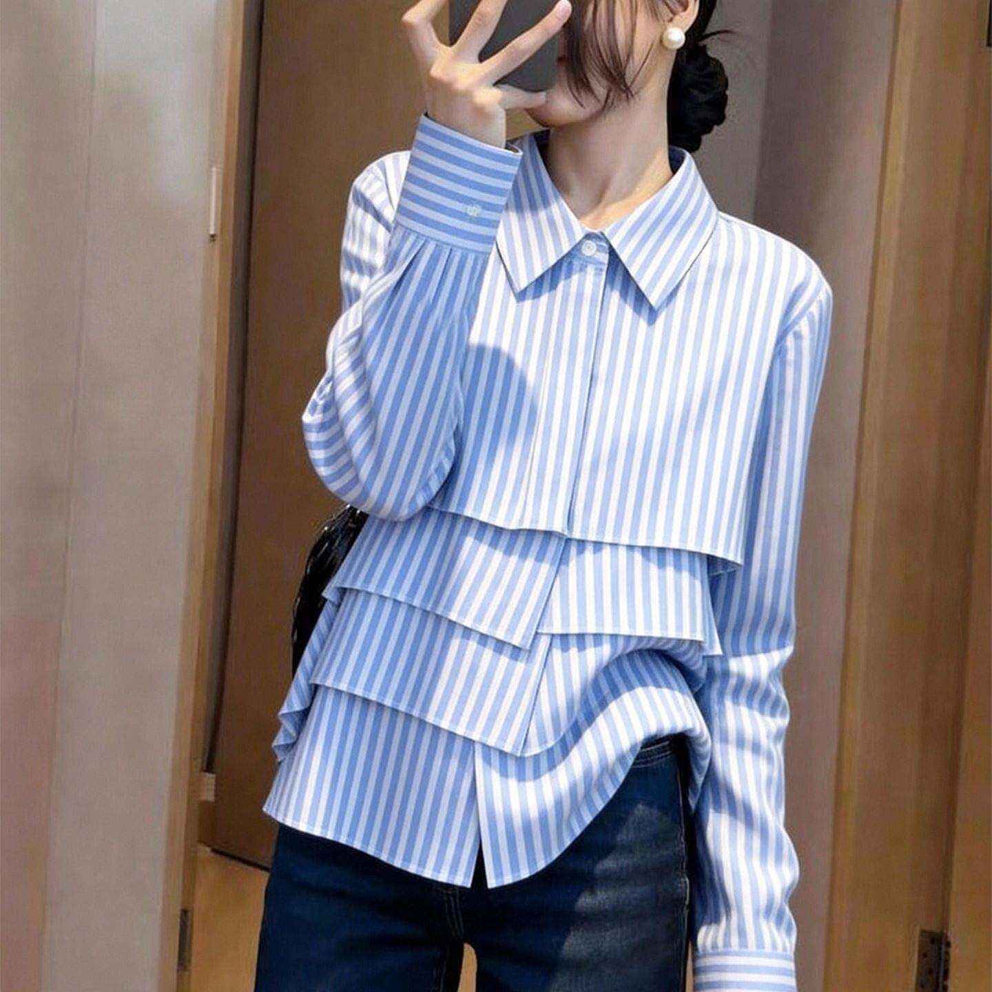 ROUJE ESVIP简约风设计感条纹衬衫女长袖宽松显瘦翻领别致上衣