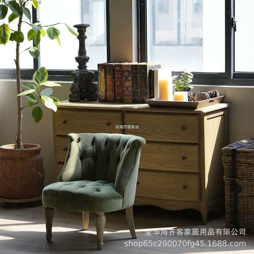 法式复古田园风格绿色绒布单人椅客厅卧室用拉扣单人沙发