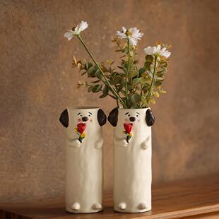创意花瓶可爱狗摆件客厅玄关桌面装 饰品手绘陶瓷花瓶插花器一个装