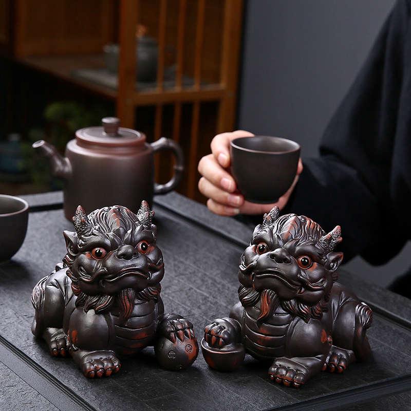 紫陶招财貔貅茶宠摆件精品可养手工茶玩茶桌茶盘宠物装饰茶具配件