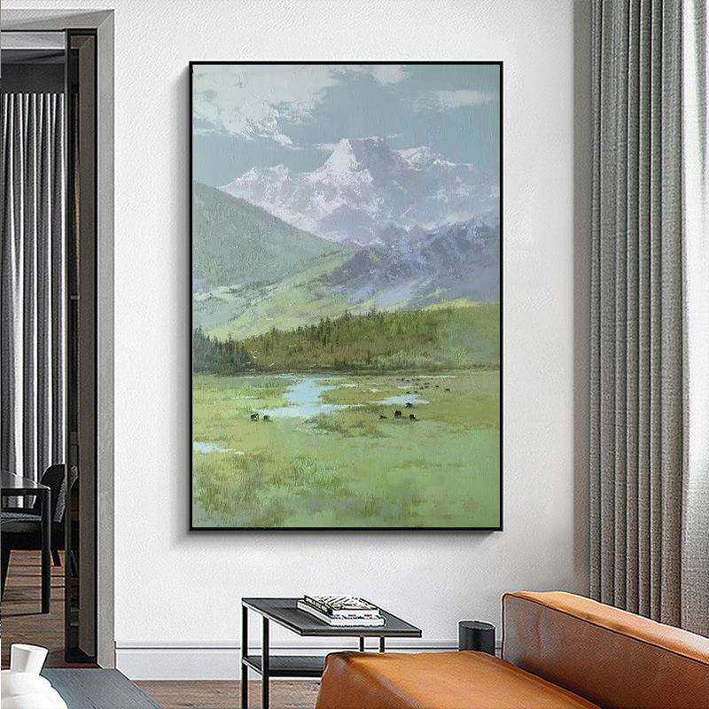 纯手绘油画高档入户正对门玄关客厅手工绘制风景雪山草地挂画