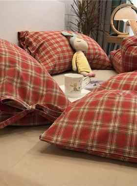 正品北欧简红色格约子水洗棉床上四件套全棉纯棉is少女n心5公主风