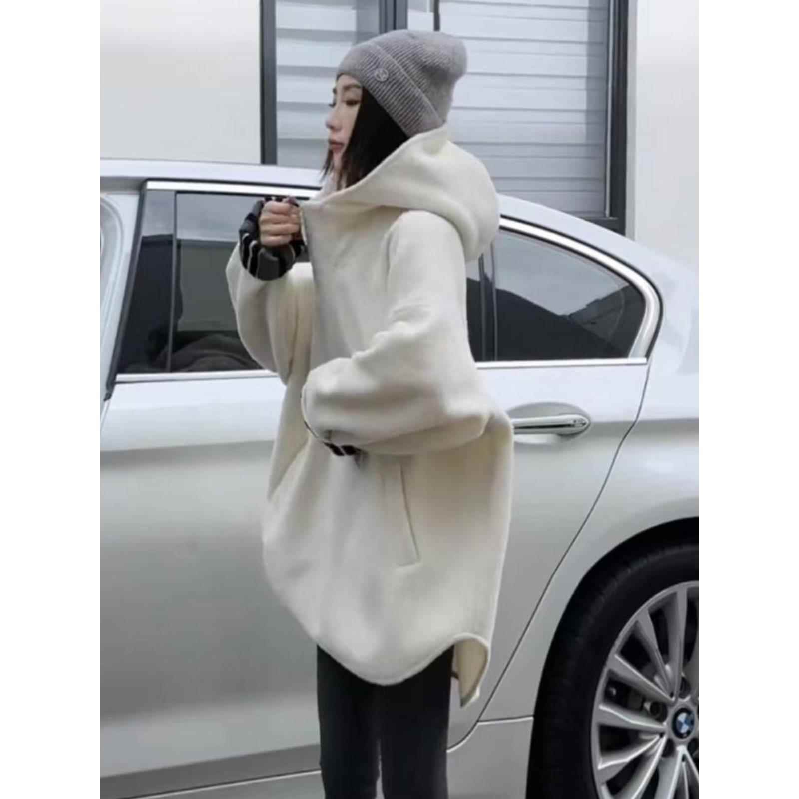 欧货连帽卫衣女春秋新款街头中长款遮屁股打底衫搭配鲨鱼裤的上衣