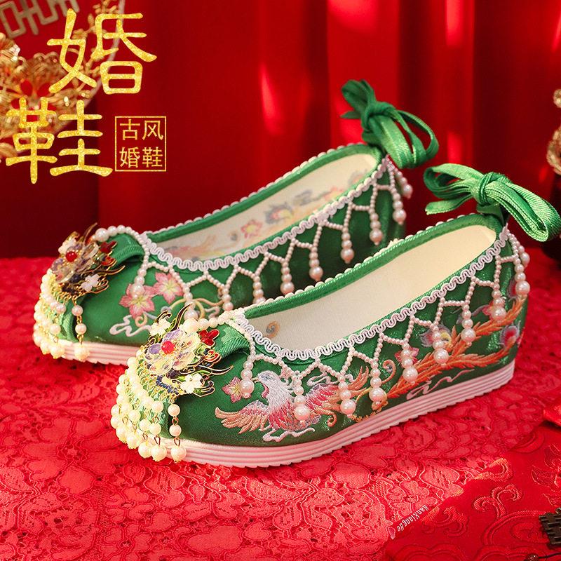 绿色婚鞋汉服婚鞋新娘鞋民族风绣花鞋内增高中式婚鞋秀禾鞋上车鞋
