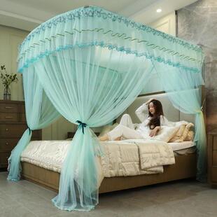 可伸缩u型蚊帐1米5床家用三开门落地纹帐带支架宫廷防蚊文帐1米8