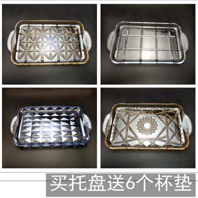 无铅水晶玻璃果盘长方形水果盘蓝金色拖盘茶盘壶水杯托盘平盘子
