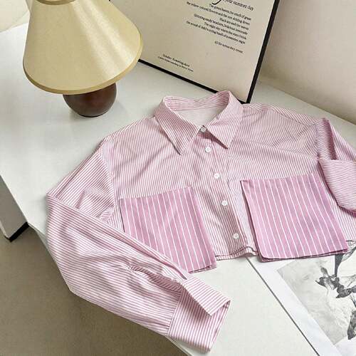 Women's Summer Striped Pocket Patchwork Short Sleeve Shirt
