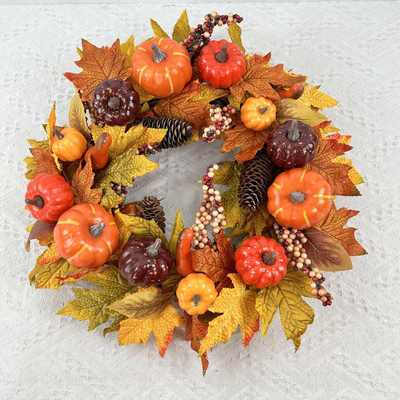 爆款丰收节秋色花环家居门饰感恩节仿真浆果园艺南瓜枫叶花环