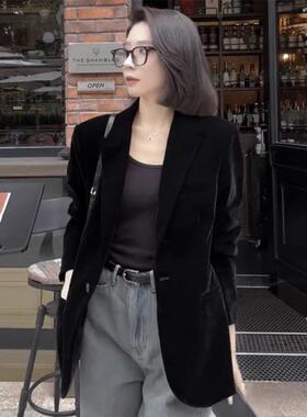 黑色丝绒西装外套女春秋季2026新款小个子高级感气质休闲西服上衣
