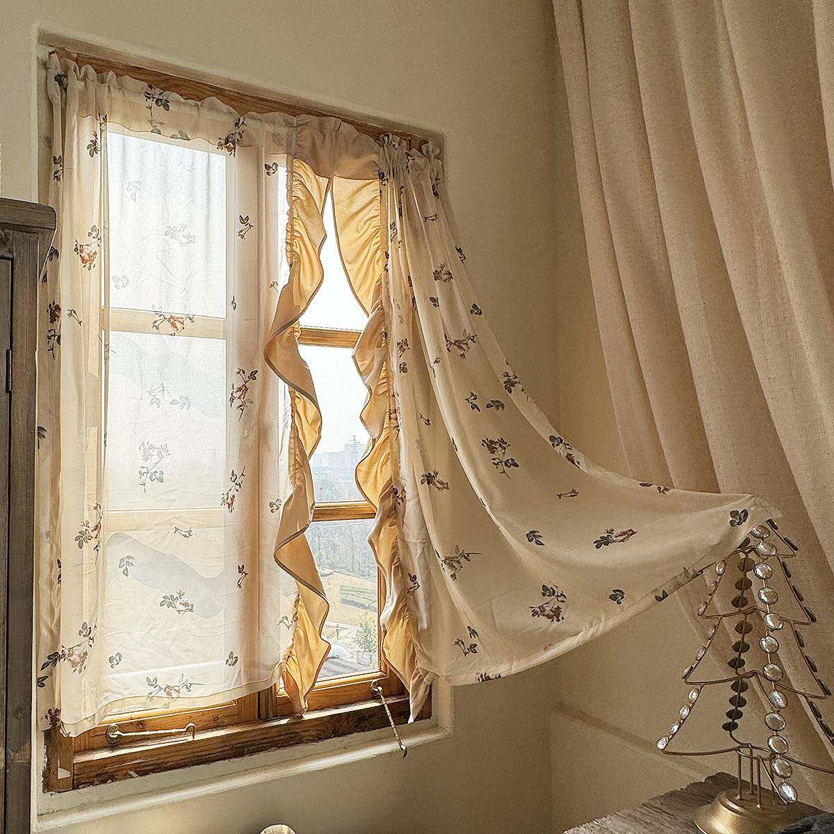 肉粉色奶油玫瑰短窗帘半帘穿杆挂钩免打孔门帘黏贴魔术贴定制