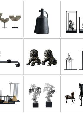 新中式禅意高级感家居软装样板房酒柜太湖石狮子摆件办公室样品屋