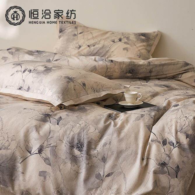 中式复古风超柔亚麻棉麻四件套花卉数码印花宽边被套床单床上用品