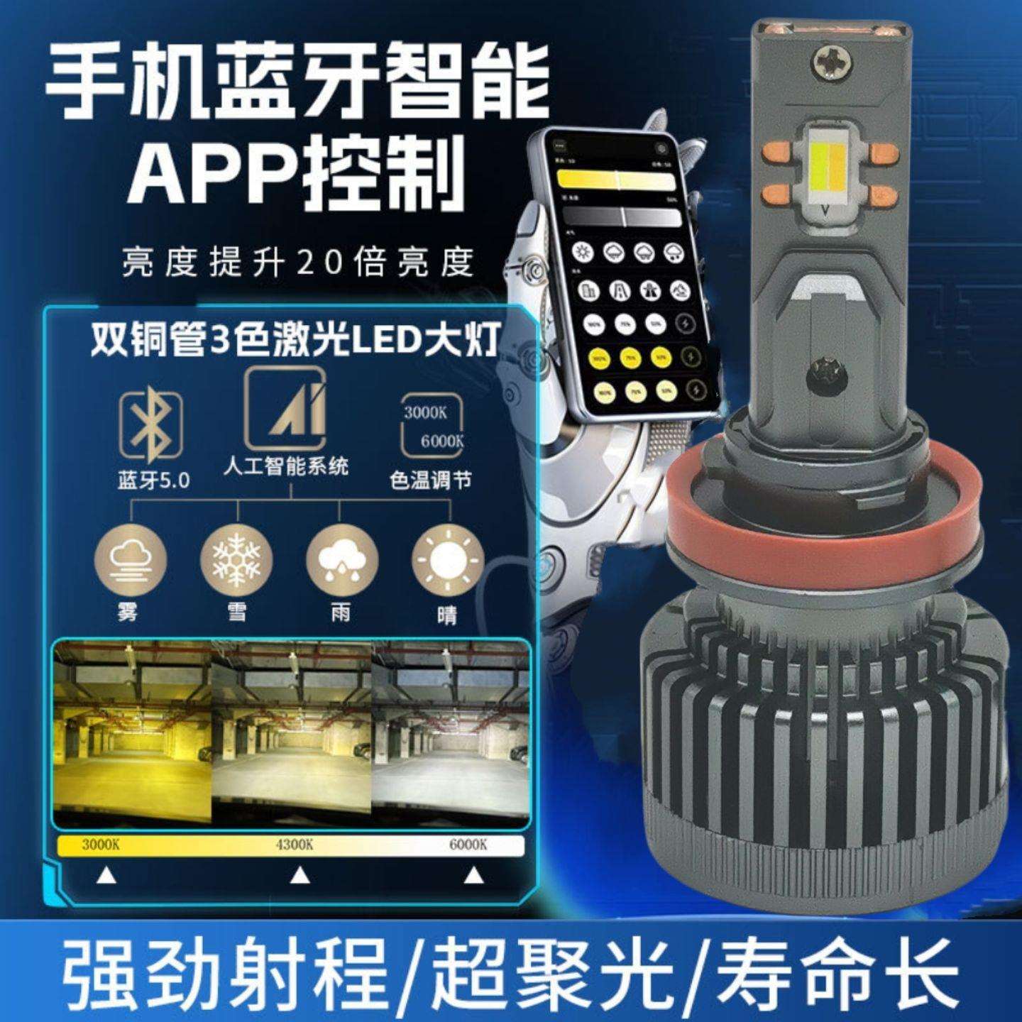 三色温APP汽车LED大灯H7H1H4远近光一体H119005改装超亮货车灯泡