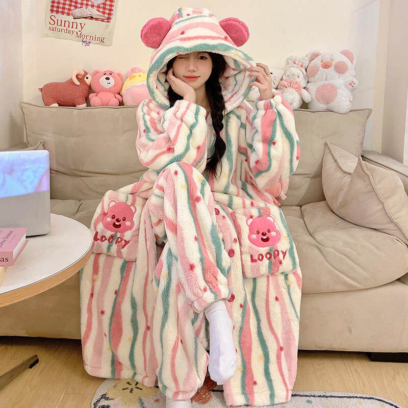 2024冬季新款珊瑚绒睡袍 加绒加厚条纹家居服 多巴胺风格浴袍女款