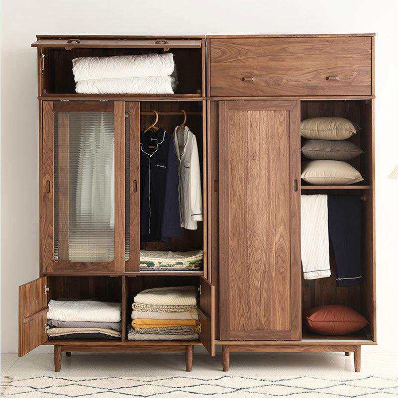 北欧黑胡桃实木移门衣柜简约现代橡木推拉门柜子卧室组合开门衣柜