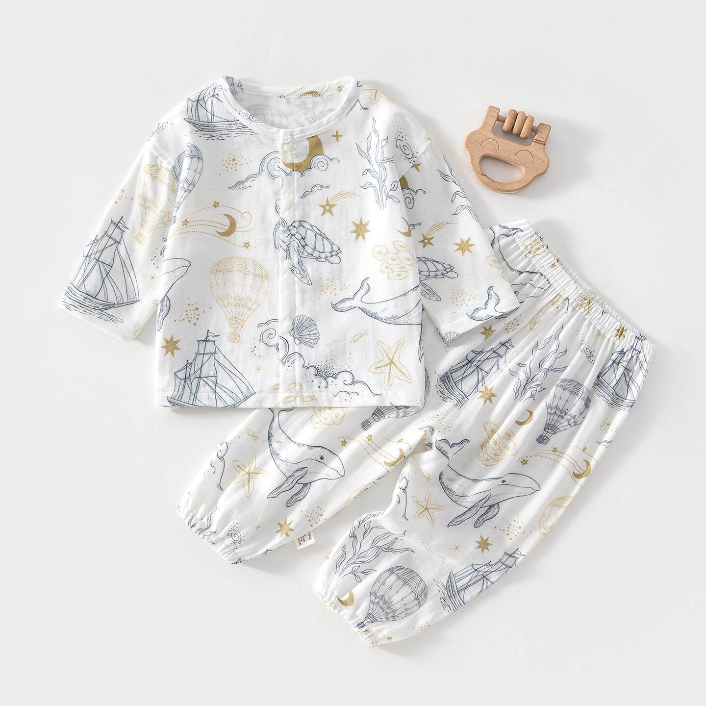 婴儿纱布套装宝宝家居服长袖竹纤维上衣裤子儿童夏季空调服男女童
