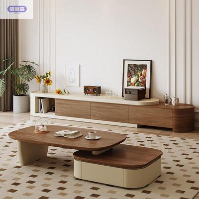 中古风轻奢高级感现代极简茶几落地电视柜组合套装小户型伸缩茶几