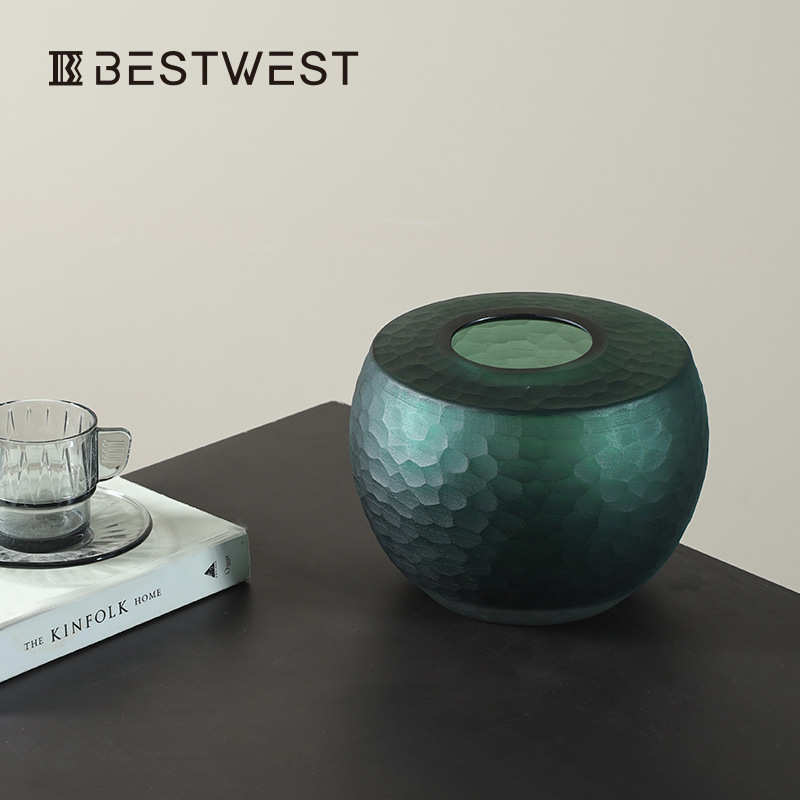 鱼鳞器west中花家居 古风摆件中式玻璃纹best绿色 花瓶高档扁平