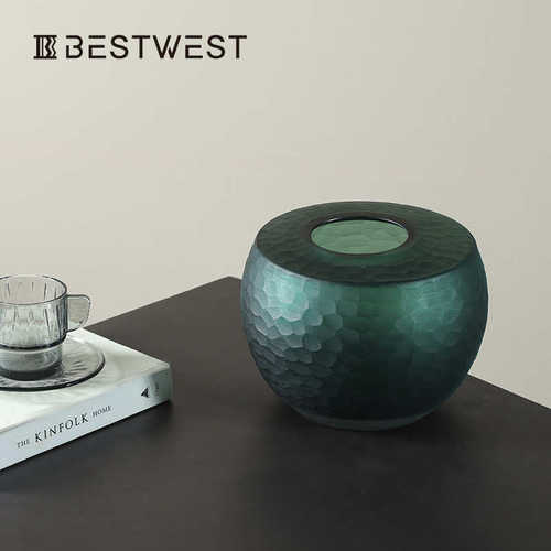 摆件绿色鱼鳞扁平花瓶best 中式高档家居中花纹器玻璃west古风