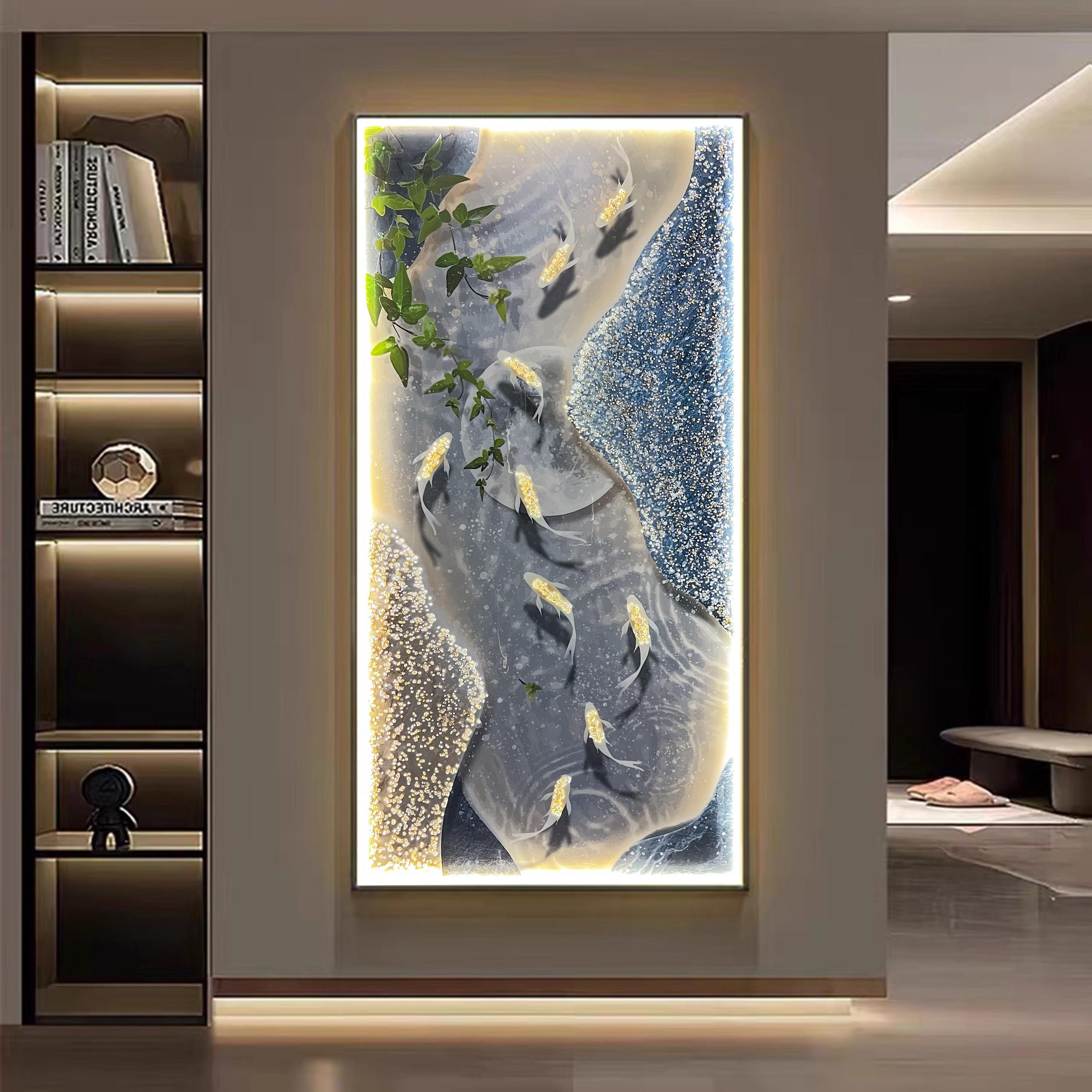 轻奢九鱼图入户玄关装饰画入户门正对墙挂画高端走廊尽头竖版壁画