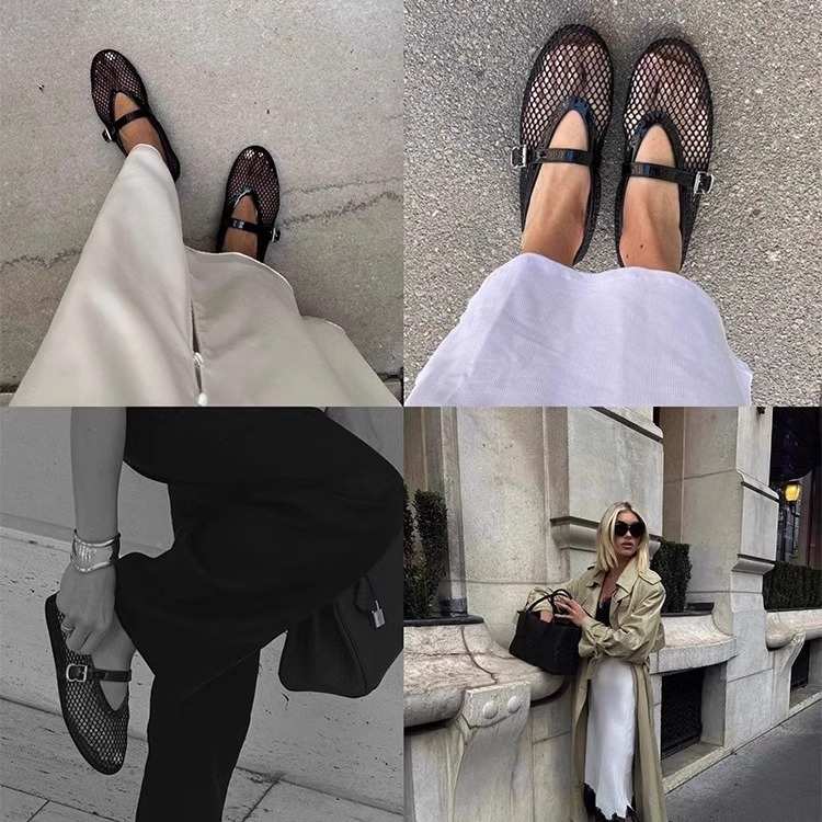 法式镂空芭蕾舞鞋女平底一字扣金属网状玛丽珍鞋女小众设计单鞋
