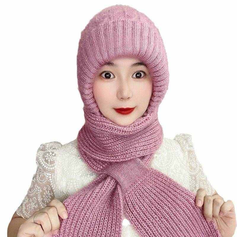 帽子女秋冬季围巾一体风雪帽松鼠绒帽子加绒毛线帽可扣护耳针织帽