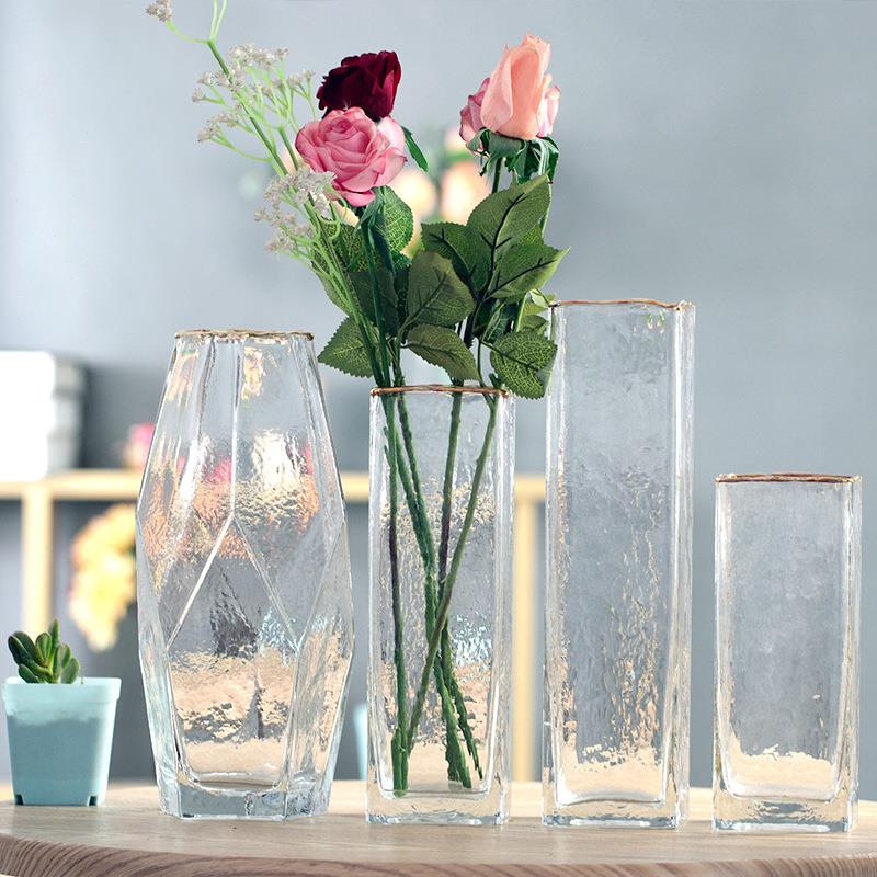 方形四方描金金边方缸玻璃花瓶自然流冷纹玻璃花器装饰摆件