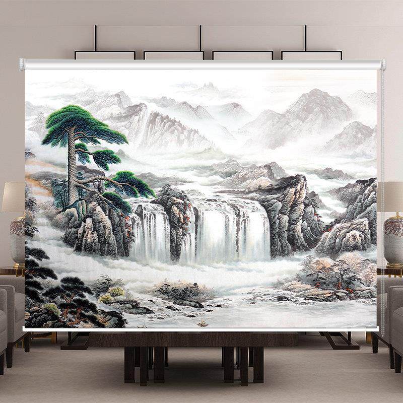 定制卷帘新中式山水画 画窗帘办公室客厅卧室书房背景拉卷式风景