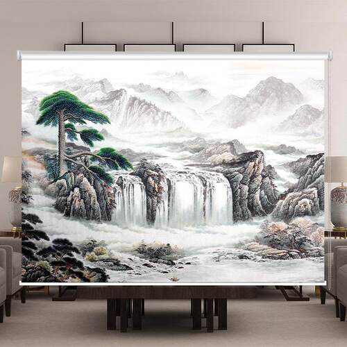 定制卷帘新中式山水画 画窗帘办公室客厅卧室书房背景拉卷式风景