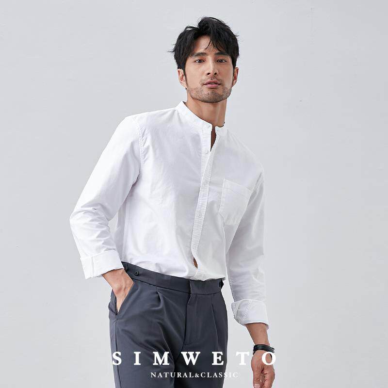 纯棉立领黑色衬衫男士宽松商务休闲高级感百搭订婚中式白衬衣男款