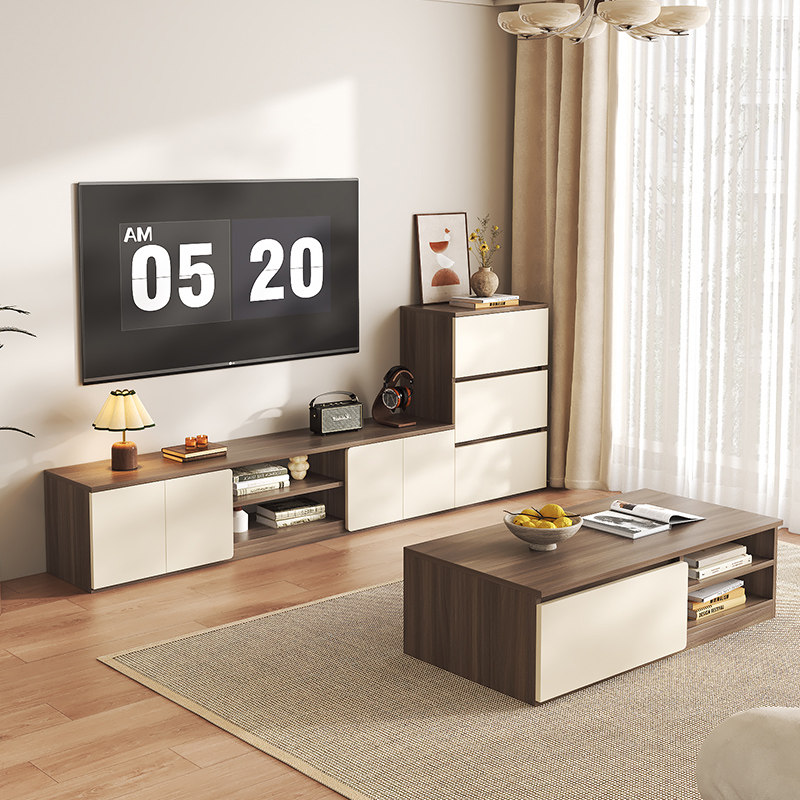现代中古风家用客厅电视柜带茶几边柜组合套装卧室收纳储物柜定制