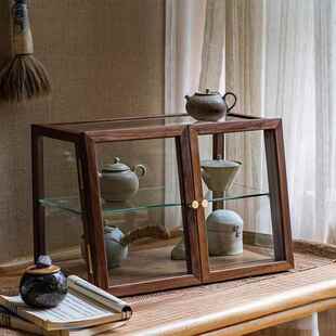 黑KOZ收桃木木玻璃茶柜展示胡柜茶室茶具储物陈实列柜防尘纳柜