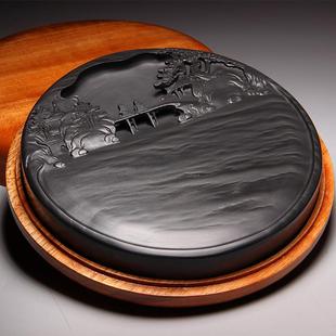 高档非遗名然师作品 老坑眉纹天原石砚端台友歙砚高档文房 溪山访