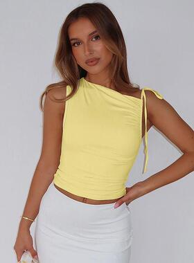 Women's Plain Tie Shoulder Tee Casual Sleeveless Top for