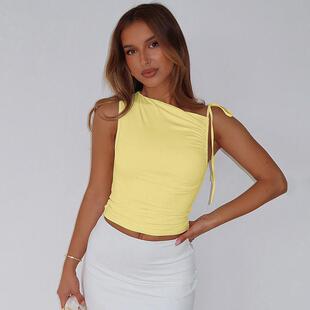 Women's diagonal collar drawstring tied sleeveless crop