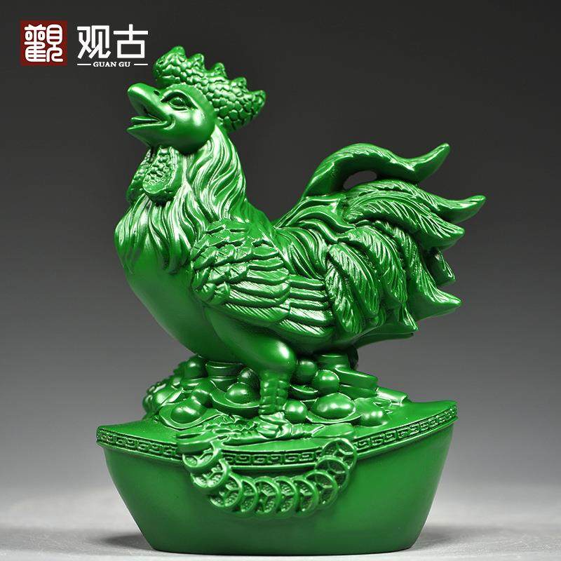 绿色实木雕刻鸡摆件十二生肖纯木头公鸡客厅电视柜装饰工艺品送礼