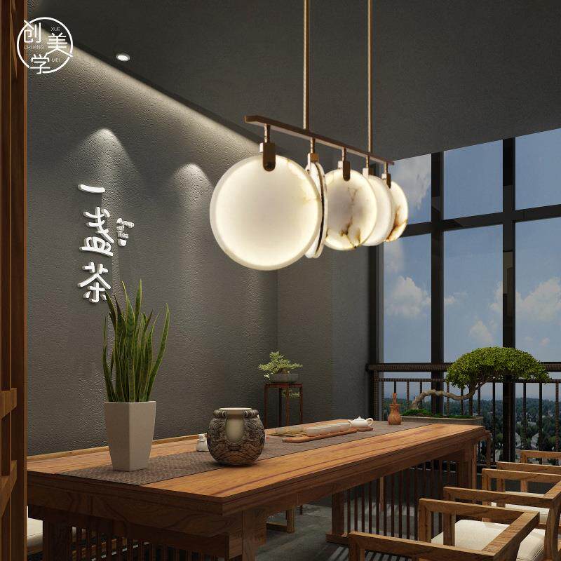 后现代全铜餐厅吊灯现代新中式餐桌长形灯饰云石轻奢吧台茶室灯具