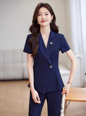 夏季短袖小西装领外套女裤子夏装职业藏青色两件套装2025年新款潮
