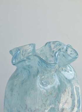 蓝色花白水墨花瓶黑白山水云纹水波纹方砖花器外贸出口手工玻璃