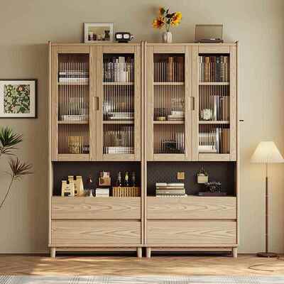 白蜡木柜书实玻2343书柜璃木门客厅防尘收纳储物柜北欧原立木书架