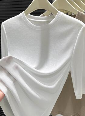 白色五分袖打底衫T恤女春季新款显瘦内搭微弹中袖短袖圆领上0621k