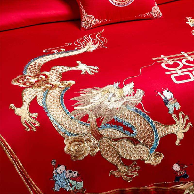 高端婚庆四件套龙凤刺绣花全棉结婚四件套陪嫁大红色喜被床上用品