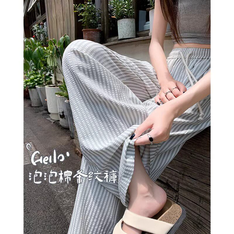 韩国Uamtor条纹阔腿裤女春夏季高腰泡泡棉直筒竖条纹休闲凉凉裤子