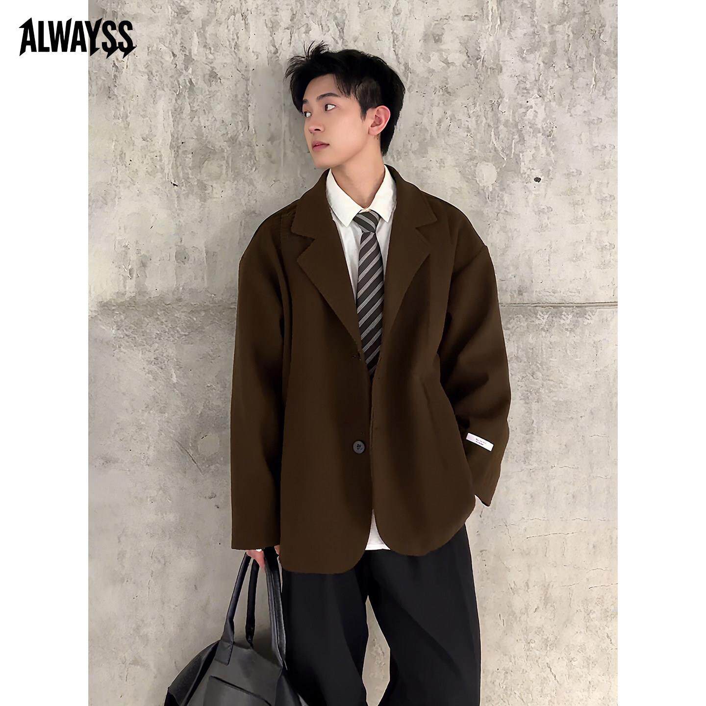 棕色短款西装外套男春秋季高级感痞帅毛呢大衣男休闲翻领风衣夹克