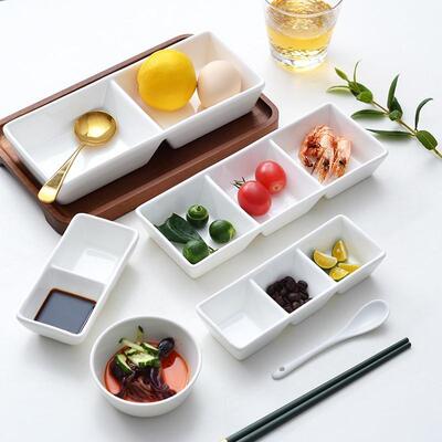 小吃碟陶瓷调味碟连体沾水碟碗酱料碟三格碟商用分格烤肉蘸料碟子